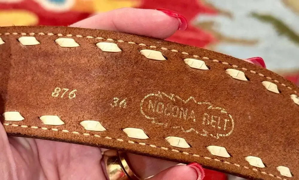 Nocona Belt  #876 Tooled Western Leather Belt w/ White Stitch Sz 34;No Buckle
